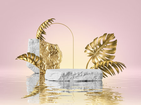 3d render, modern background with tropical leaves, empty rock podium, cobblestones, golden arch and reflection in the water. Empty stage. Blank showcase scene for product presentationの写真素材