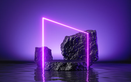 3d render, abstract futuristic background with black rocks, cobble platform, neon geometric arch and reflection in the water. Empty podium. Blank showcase scene for product presentationの写真素材