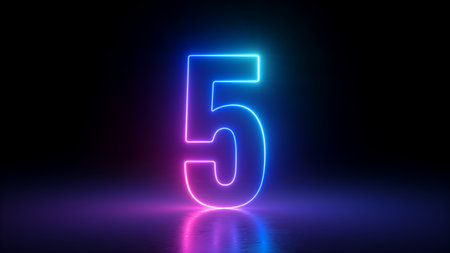 3d render, number five glowing in the dark, pink blue neon lightの写真素材