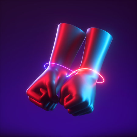 3d render, abstract mannequin hands tied with neon infinity line, isolated on dark background....