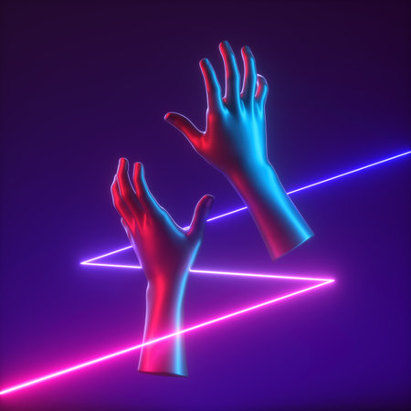 3d render, abstract mannequin hands with colorful glowing neon line. Modern minimal conceptの写真素材