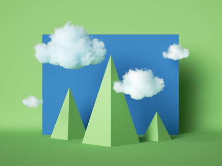 3d render abstract geometric landscape, simple cartoon green pyramidal mountains and white clouds in blue sky, paper craft sceneの写真素材