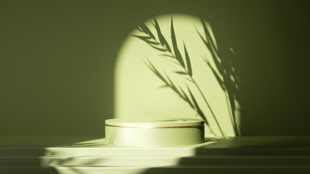 3d render, abstract minimal green background. Empty stage with steps and cylinder podium, leaf shadows and bright sunlight going through round arch. Minimal showcase for displaying organic productの写真素材