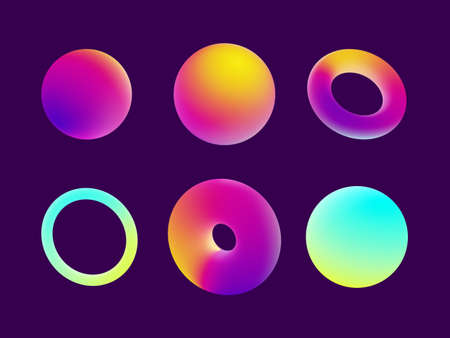 3d render, assorted abstract neon geometric shapes, colorful rings and balls, isolated on purple...