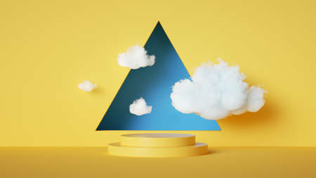 3d render, abstract sunny yellow background with white clouds fly inside blue triangle hole. Simple geometric showcase scene with empty stage for product presentationの写真素材