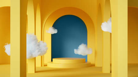 3d render, abstract background with clouds flying inside the yellow room with blue arch. Simple geometric showcase scene with empty cylinder podium for product presentationの写真素材