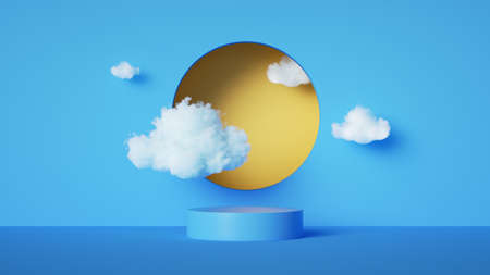 3d render, abstract blue background with white clouds and yellow round hole. Simple geometric...