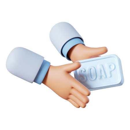 3d render. Cartoon character doctor washes hands with big piece of white soap. Hand hygiene rules...