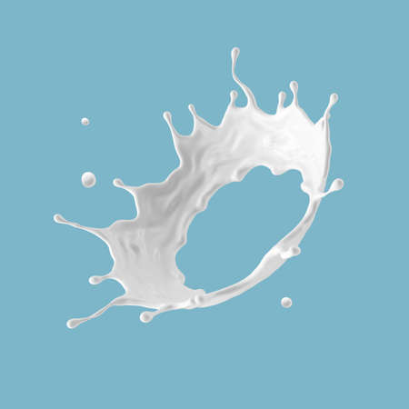 3d render, round milk splash crown perspective view. Abstract liquid clip art isolated on blue background. White paint splashing ringの写真素材