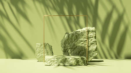 3d render, abstract green background with tropical leaves shadow and bright sunlight. Minimal scene with cobblestone podium and golden square frame for cosmetic product presentationの写真素材