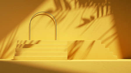 3d render, abstract sunny yellow background with arch, steps, palm leaves shadows and bright sunlight. Minimal showcase scene for cosmetic product presentationの写真素材