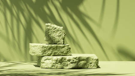 3d render, abstract green background with tropical leaves shadow and bright sunlight. Minimal...