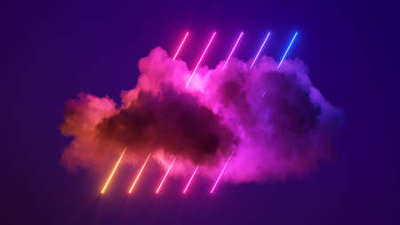 3d render, abstract cloud illuminated with neon light on dark night sky. Glowing geometric linesの写真素材