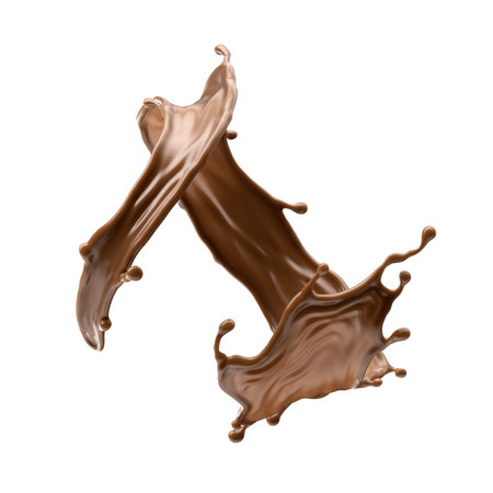 3d render, chocolate splash, cacao drink or coffee, splashing cooking ingredient. Abstract twisted liquid jet. Brown beverage clip art isolated on white backgroundの写真素材
