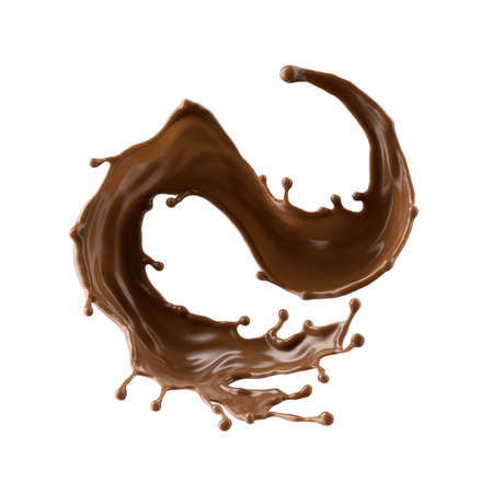 3d render, chocolate splash, cacao drink or coffee, splashing cooking ingredient. Brown beverage. Abstract wavy liquid clip art isolated on white backgroundの写真素材