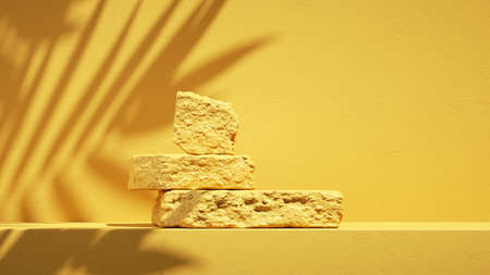 3d render, abstract sunny yellow background with tropical leaves shadow and bright sunlight. Minimal...