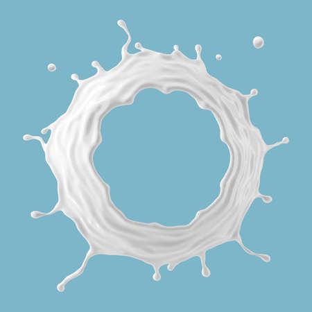3d render, round milk splash crown. Abstract liquid clip art isolated on blue background. White paint splashing ringの写真素材