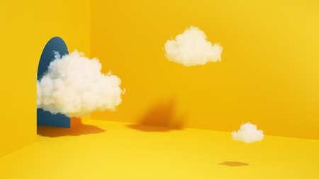 3d render, abstract minimal yellow background with white clouds flying out the tunnelの写真素材