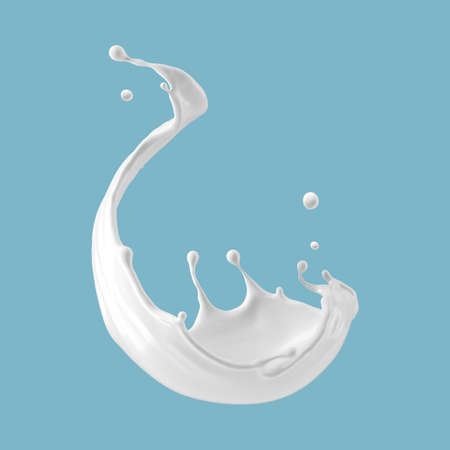3d illustration, wavy milky white splash. Abstract liquid clip art isolated on blue background. Cosmetics splashing waveの写真素材