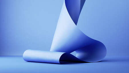 3d render, abstract background with blue folded ribbon, paper scroll macroの写真素材