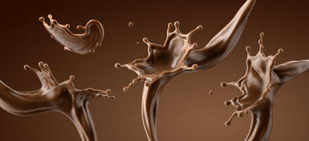 3d render, chocolate splash collection, cacao drink or coffee, splashing cooking ingredients....