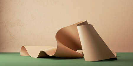 3d render, abstract beige background with folded ribbon or fallen paper scrollの写真素材