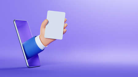 3d illustration. Cartoon character businessman hand with blank card or ticket, sticking out the...