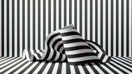 3d render, abstract fashion background with folded paper or textile ribbon black and white stripesの写真素材