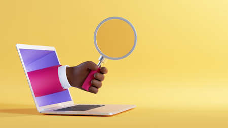 3d illustration. African cartoon character hand sticking out the laptop screen, holding magnifying glass. Computer clip art isolated on yellow background. Internet searching conceptの写真素材