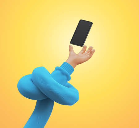 3d render, funny cartoon character knotted hand wears blue sweater, holds smart phone with blank screen. Wireless technology concept. Promotional clip art isolated on yellow backgroundの写真素材