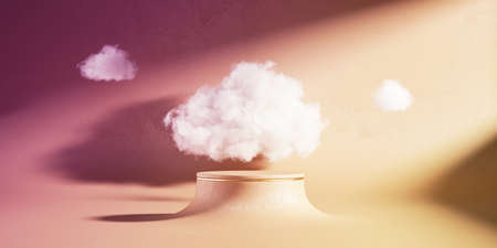 3d render, abstract pink yellow background with round stage and white cloud. Modern minimal showcase scene illuminated with bright lightの写真素材