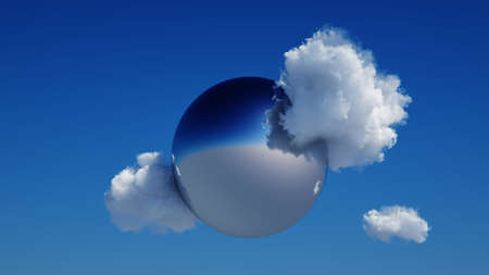 3d render, abstract modern minimal background with white clouds and chrome metallic mirror ball in the blue skyの写真素材