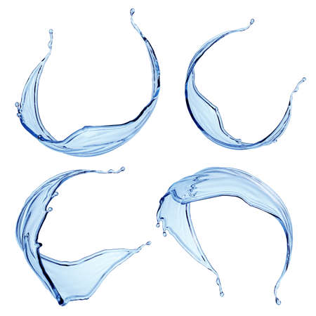 3d render, abstract water clip art collection. Set of assorted liquid splash shapes, isolated on...