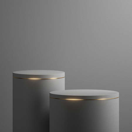 3d render, abstract grey gold background. Modern minimal showcase scene with two empty podiums for...