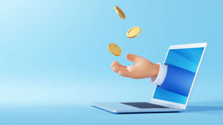 3d illustration. Cartoon character hand sticking out the laptop screen, throws up golden coins to...