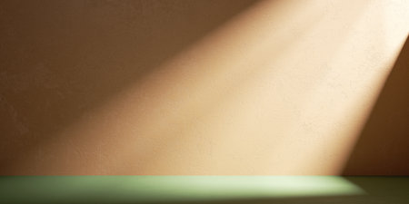 3d render, abstract background. Sunlight rays shining on the empty wall with peachy stucco textureの写真素材