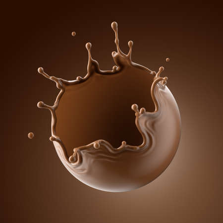 3d render, spherical shape liquid chocolate splash, cacao drink or coffee, splashing cooking ingredient. Clip art isolated on brown backgroundの写真素材