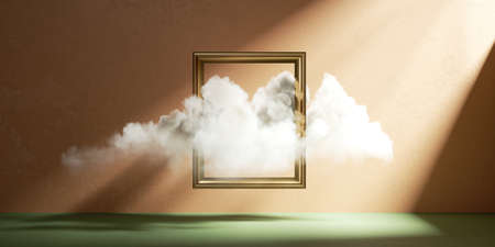 3d render. White fluffy cloud flies through the golden frame, isolated on peachy background. Modern minimal gallery conceptの写真素材