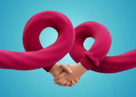 3d render, cartoon character flexible hands in red sweater. Handshake gesture. Partnership concept,...