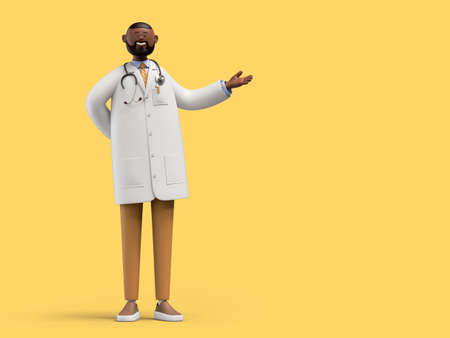 3d render. African cartoon character doctor makes presentation. Clip art isolated on yellow background. Professional medical advice and recommendationの写真素材