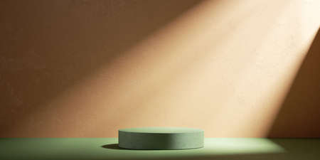 3d render, abstract terracotta background with empty green podium for product presentation. Sunlight rays shining on the empty wall with stucco textureの写真素材