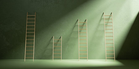 3d render. Abstract green background. Empty wall with golden ladders illuminated with the sunlightの写真素材