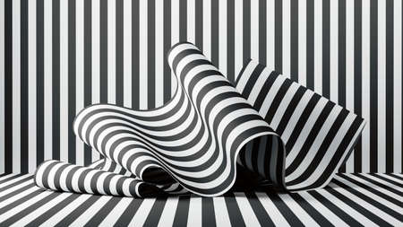 3d render, abstract fashion background with black and white stripes and lines. Folded textile ribbon or paperの写真素材