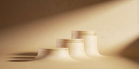 3d render, abstract beige background, modern minimal concept, clean style. Empty cylinder podium, vacant pedestal steps for product presentationの写真素材