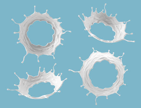 3d illustration, milk splash set with round crown shapes with the hole in the middle. Abstract liquid clip art collection, isolated on blue background. White paint splashingの写真素材