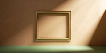 3d render, golden square frame on the wall in empty room, illuminated with the sunlight. Art gallery...