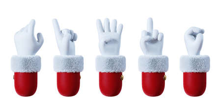 3d render. Christmas icons set, Santa Claus cartoon hands showing different gestures. Holiday clip...