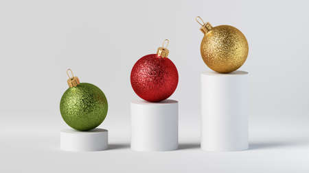3d render, abstract festive infographics. White increasing chart with colorful glass balls. Holiday...