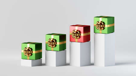 3d render, abstract Christmas infographics. Uniqueness concept. Ascending graph with gift boxes....