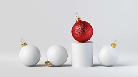 3d render, abstract originality concept. Christmas infographics. White chart with red glass ball. Financial statistics, business metaphor, unique object idea. Modern minimal backgroundの写真素材